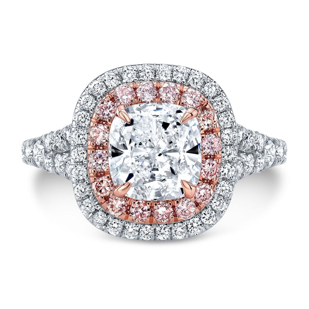 double halo engagement ring with pink diamonds