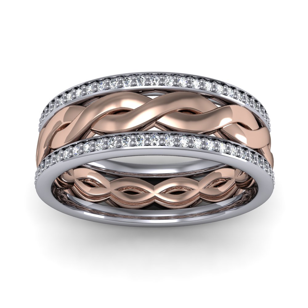 High polished Yellow/Rose Gold wave-like designs in the center finished in White/Yellow Gold accents this band. Each side is also set with glistening diamonds in a Pave setting,