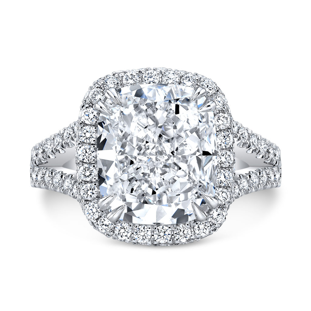 elongated cushion cut halo engagement ring with a split shank