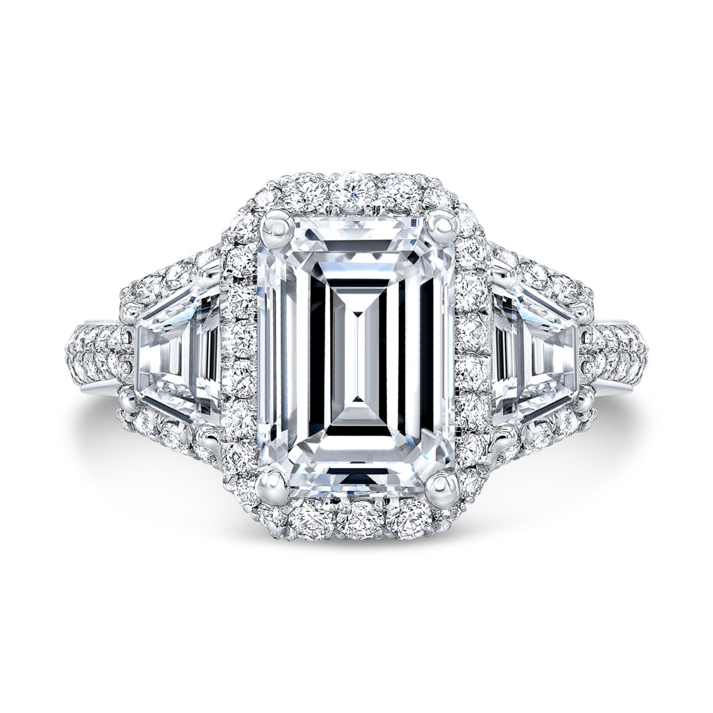 Emerald Cut Halo Engagement Ring With Trapezoid Side Stones