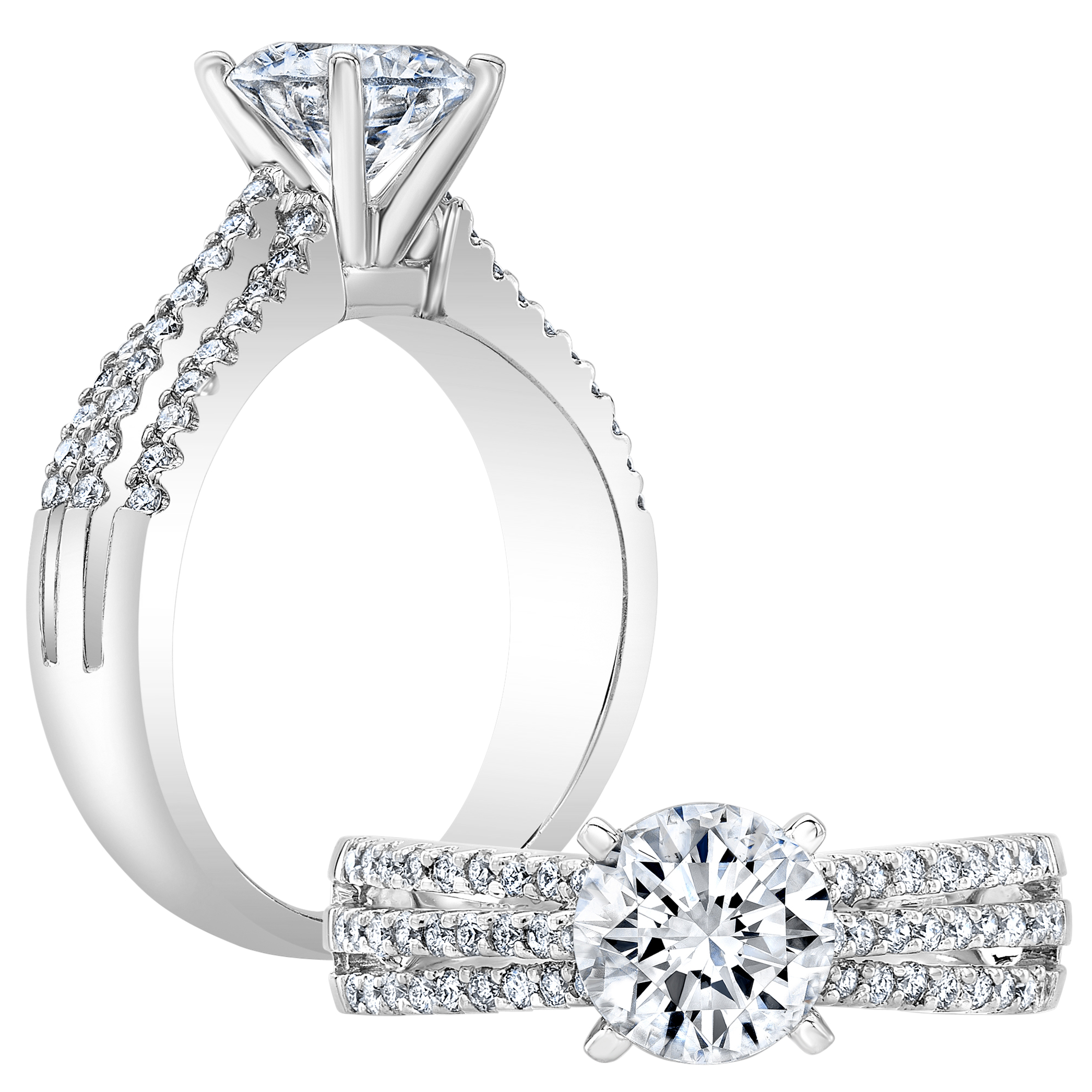 3 Row Pave Split Shank Diamond Engagement Ring