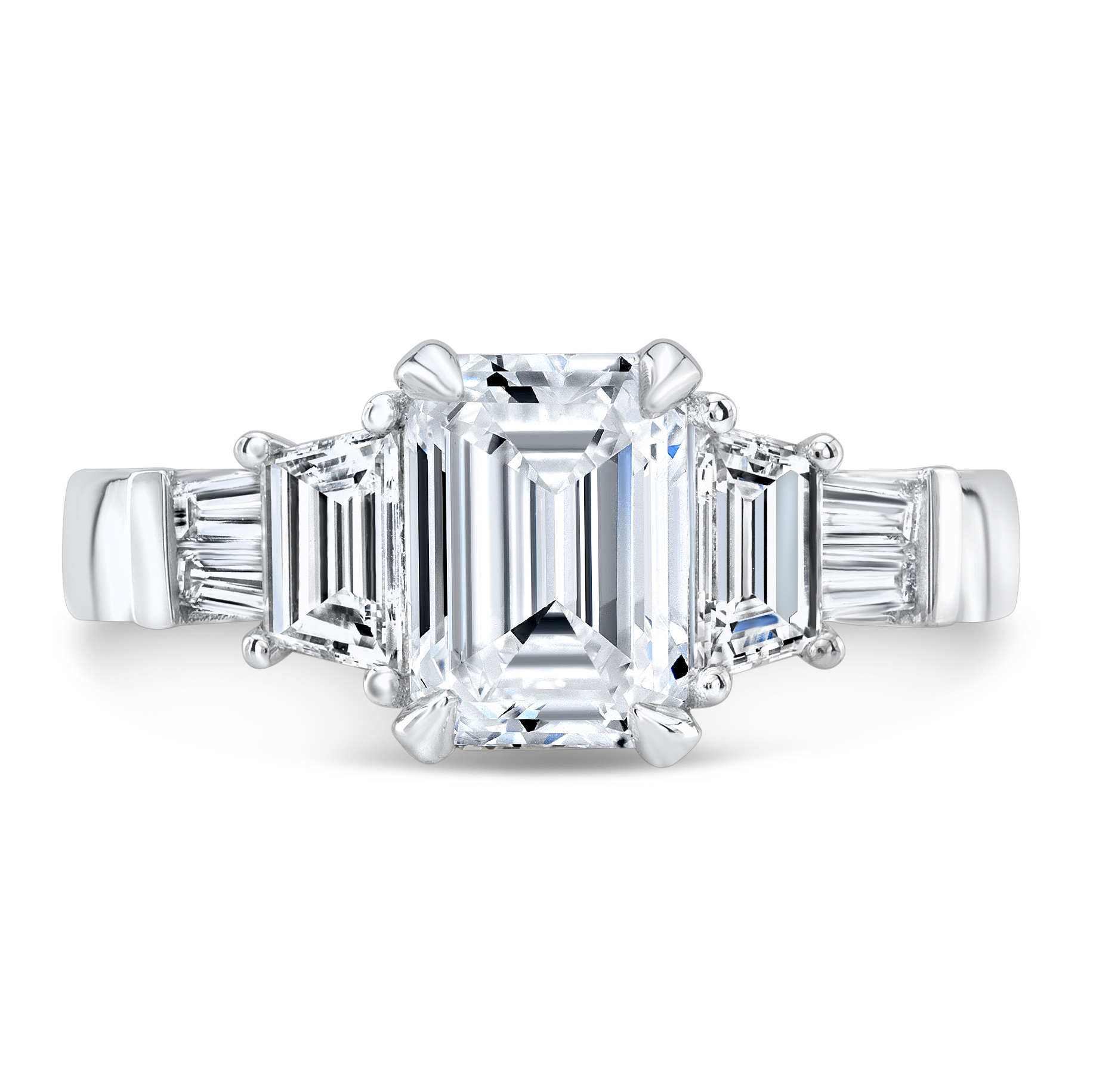 Platinum Emerald Cut Baguette Flank Engagement Ring | Slim Band