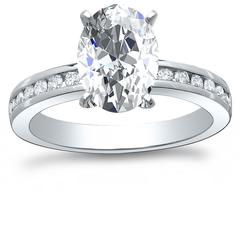 Unique Diamond Channel Set Natural Diamond Engagement Ring - with A 2 ct Center Oval Cut GIA Natural Diamond in White Gold
