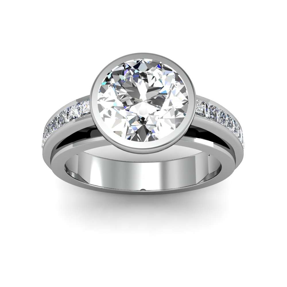 Unique Diamond Bezel Channel Set Engagement Ring - with A 3 ct Center Round Cut GIA Natural Diamond in White Gold