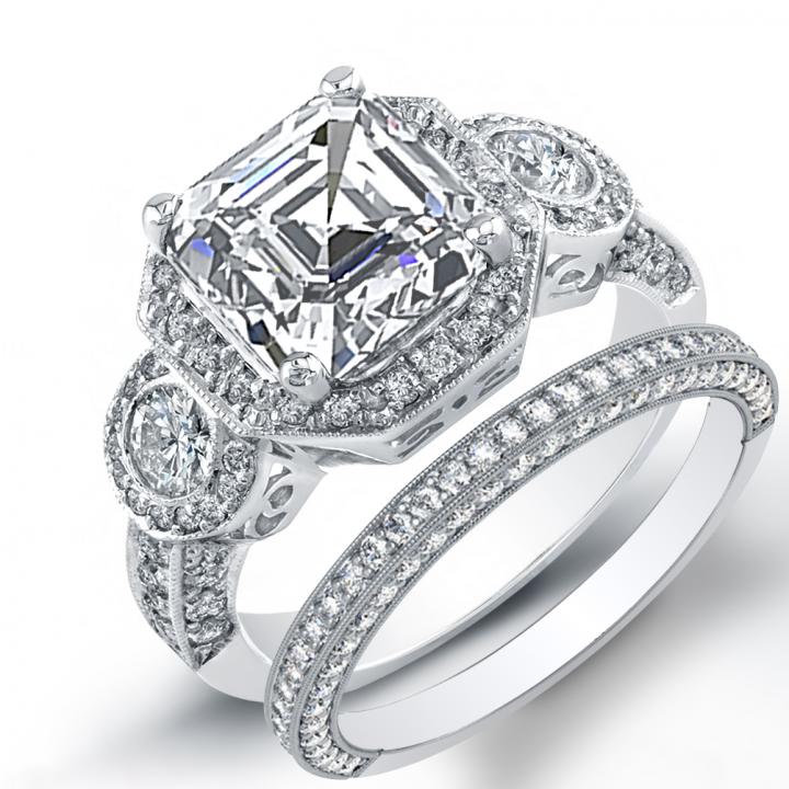 3 Stone Natural Halo Pave Diamonds Engagement Ring