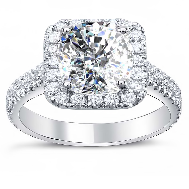 Double Row Pave Halo Natural Diamonds Engagement Ring