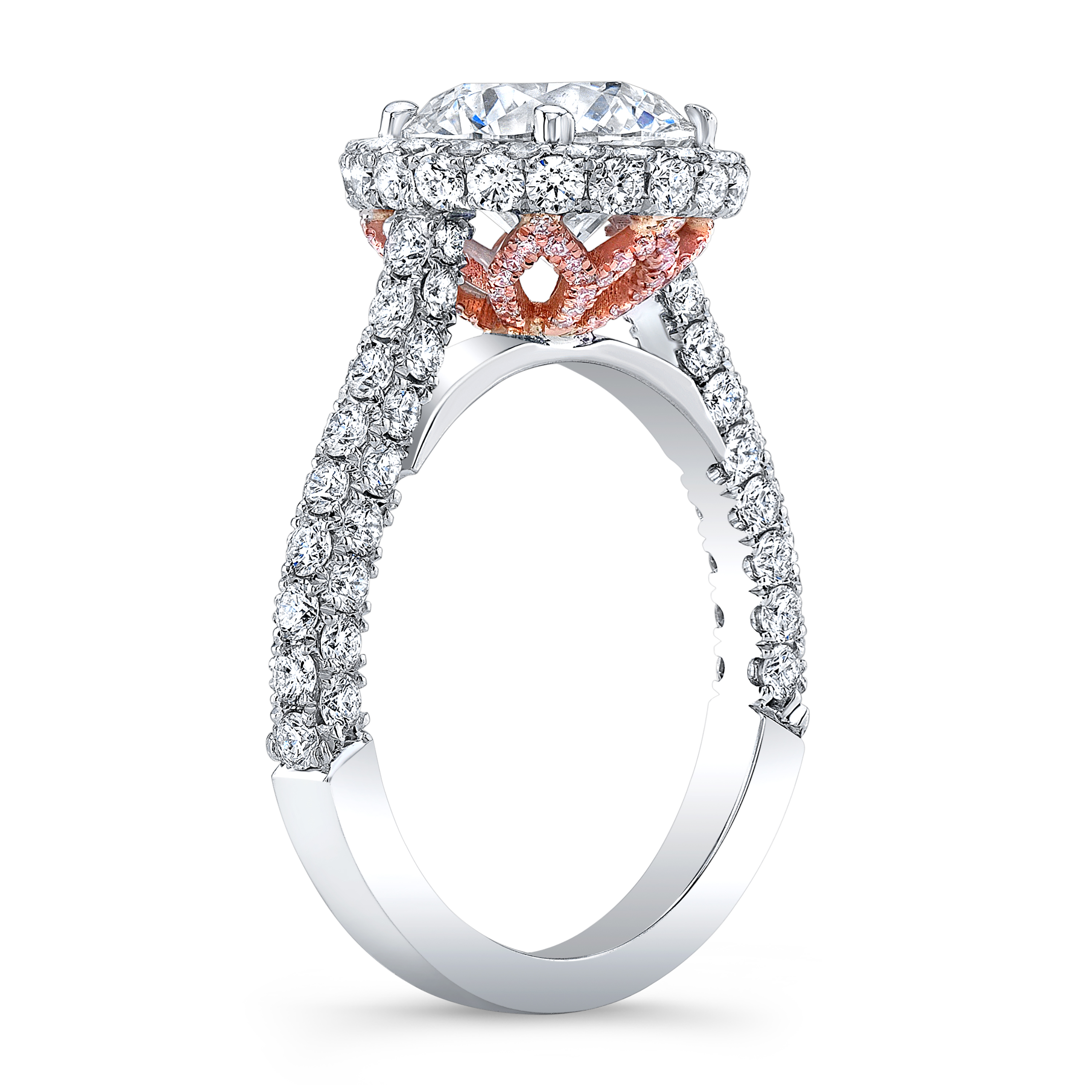 Halo 3 Sided Pave Engagement Ring  With Pink Diamonds