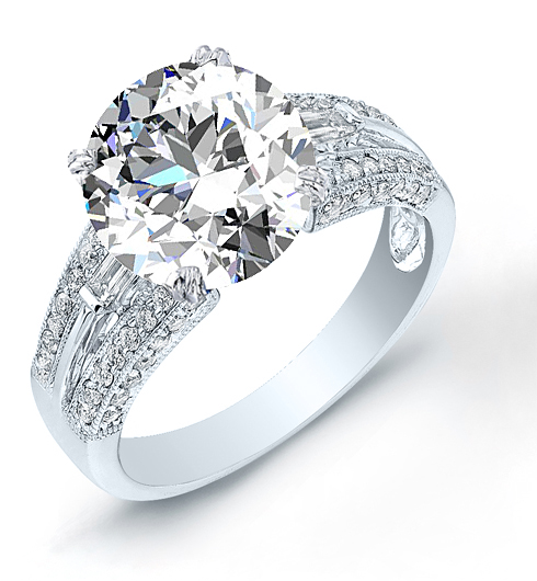 Certified Round and Baguette Diamond Engagement Ring
