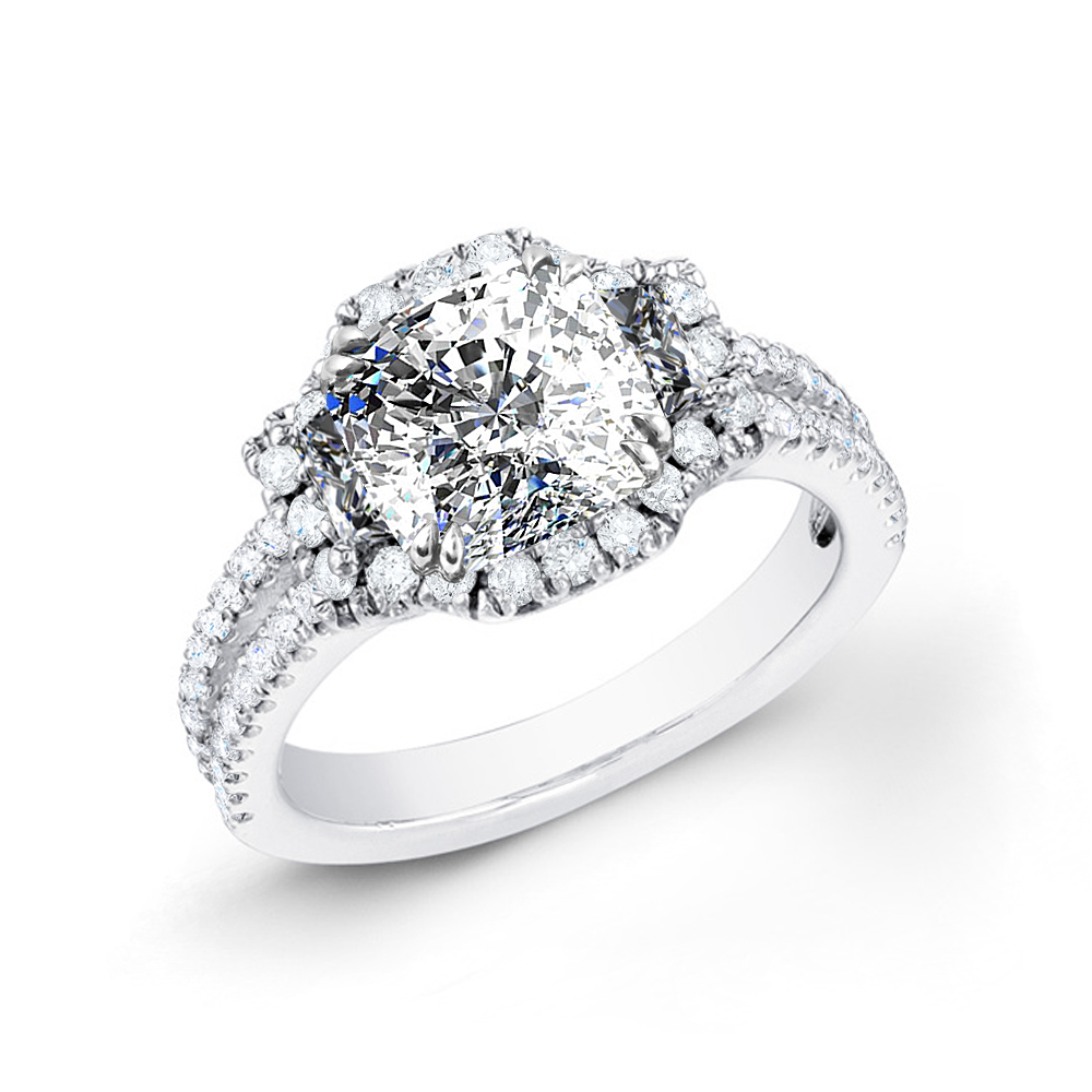 3-Stone Halo Pave Split Shank Diamond Engagement Ring