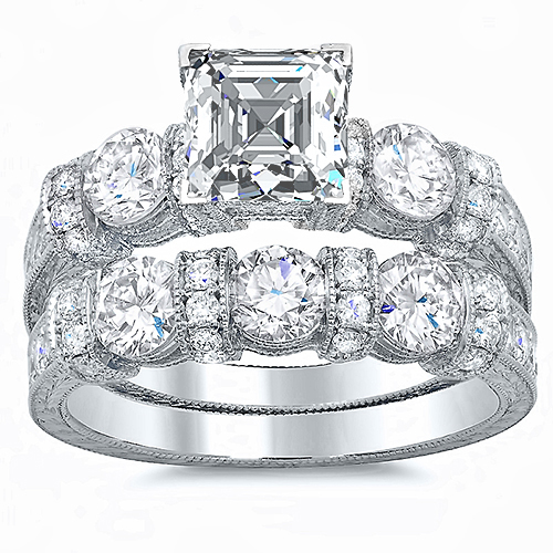 Baguette and Round Cut Vintage Style Diamond Engagement Wedding Set