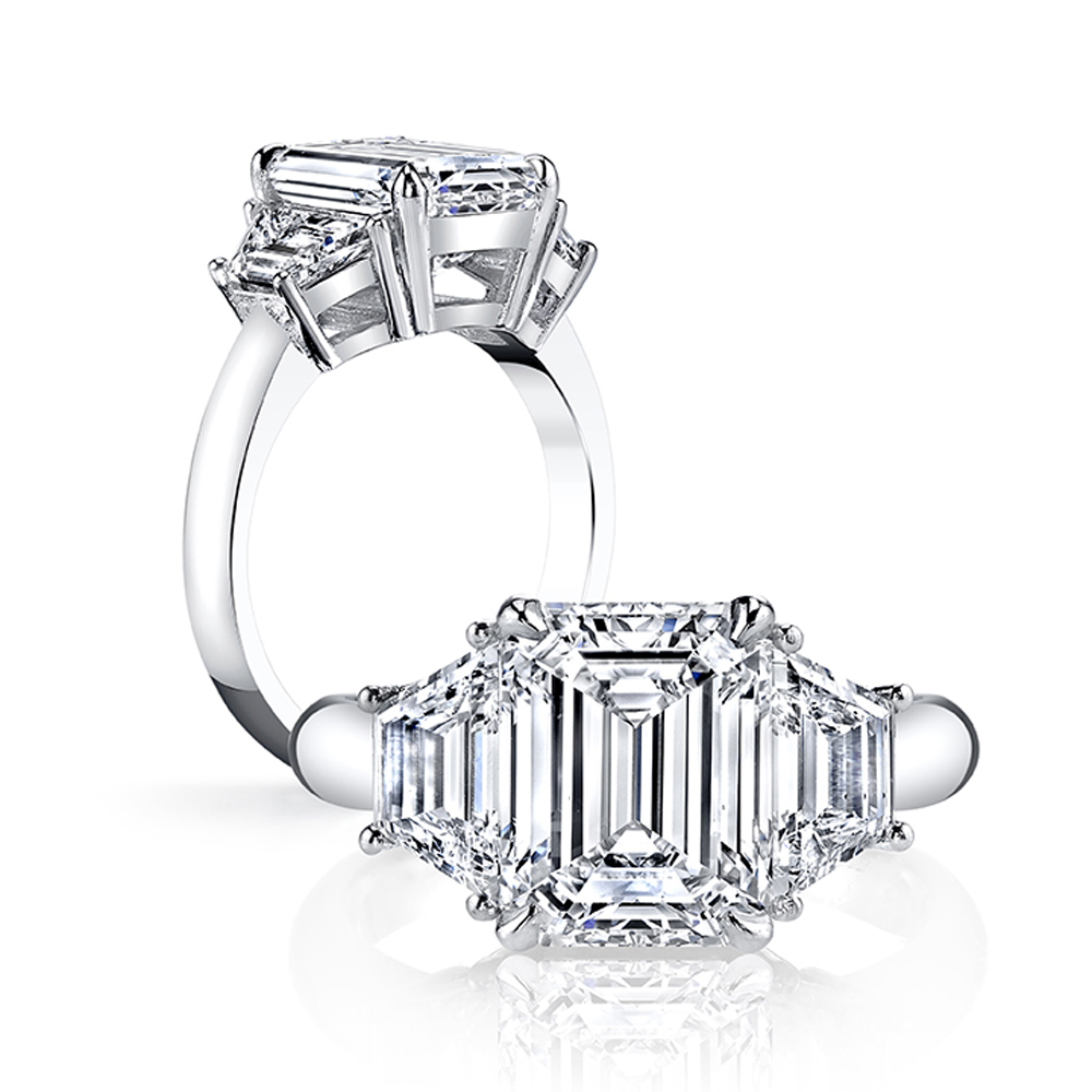 3-Stone Emerald Engagement Ring With Trapezoid Sidestones Diamond Ring