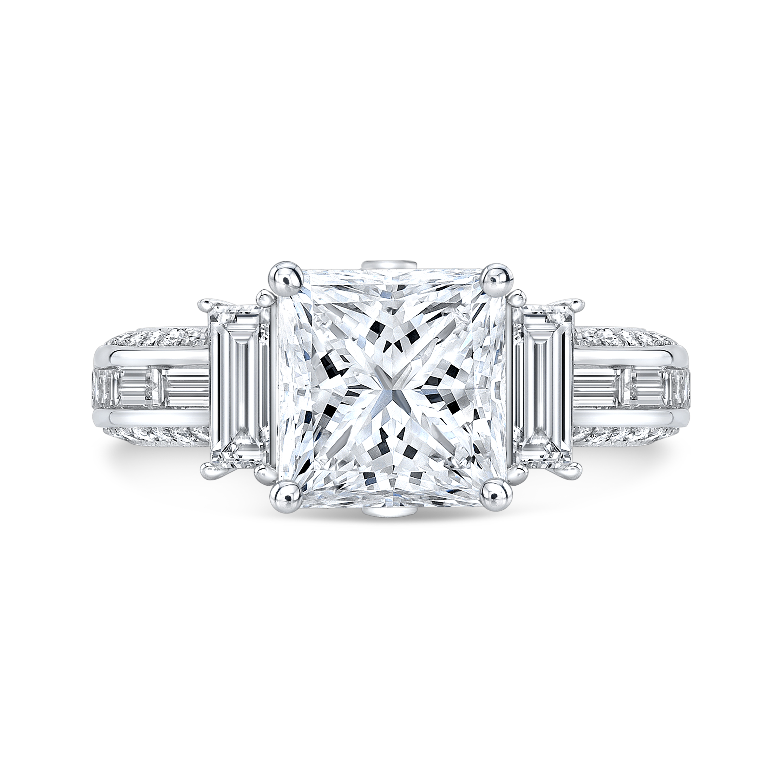 4.005 Ct. Princess Cut Natural Diamond 3 Stone Pave and Baguette