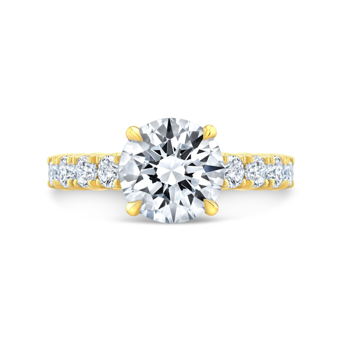 Natural Yellow Gold 10 Stone Round Cut U-Prong Setting Diamond Engagement Ring