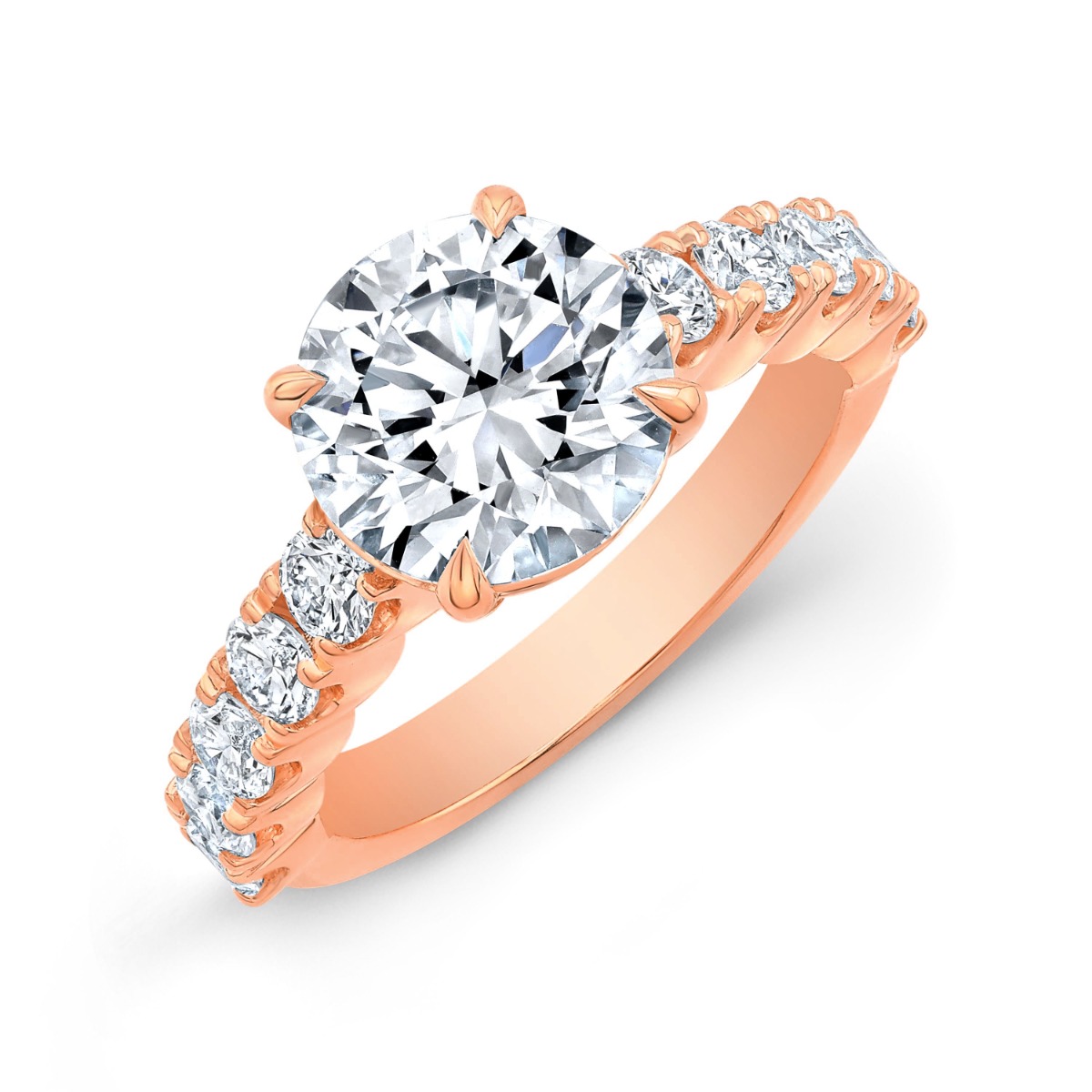 Rose Gold 10 Stone Round Cut U-Prong Setting Diamond Engagement Ring