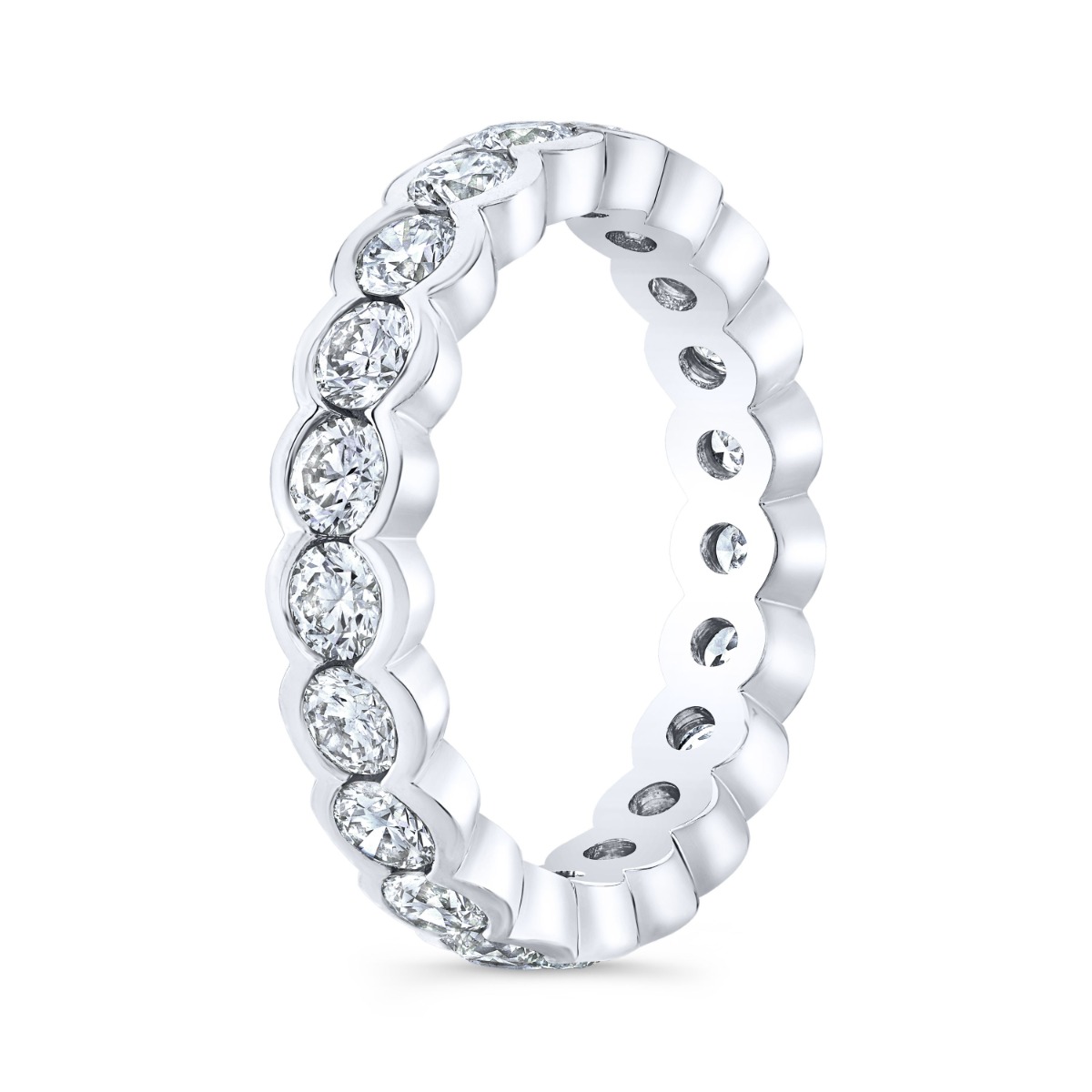 3 Carat Round Cut Half Bezel white gold Eternity Band in a three quarter angle.