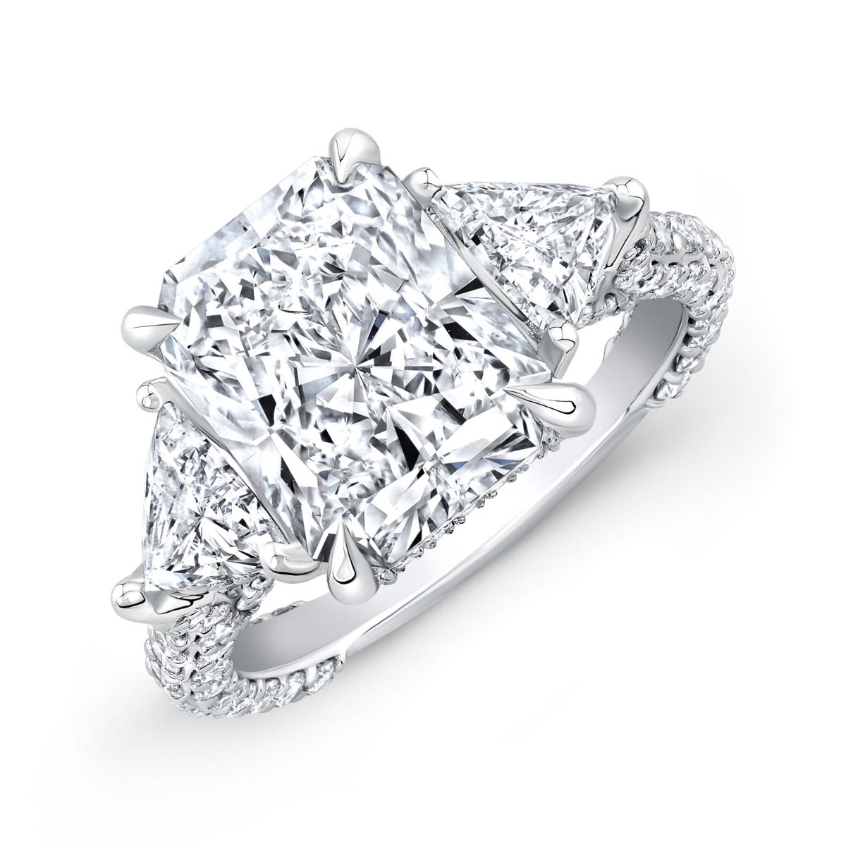 3 Stone Trillion Hidden Halo Micro Pave Diamond Engagement Ring