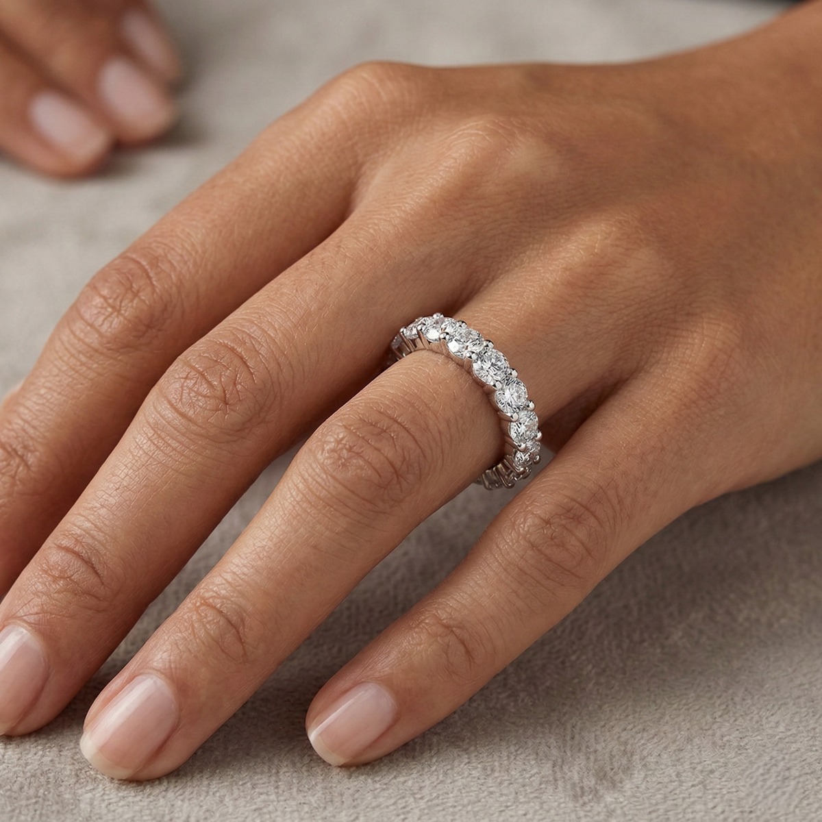 4 Carat Natural Diamond Eternity Band On Model Hand