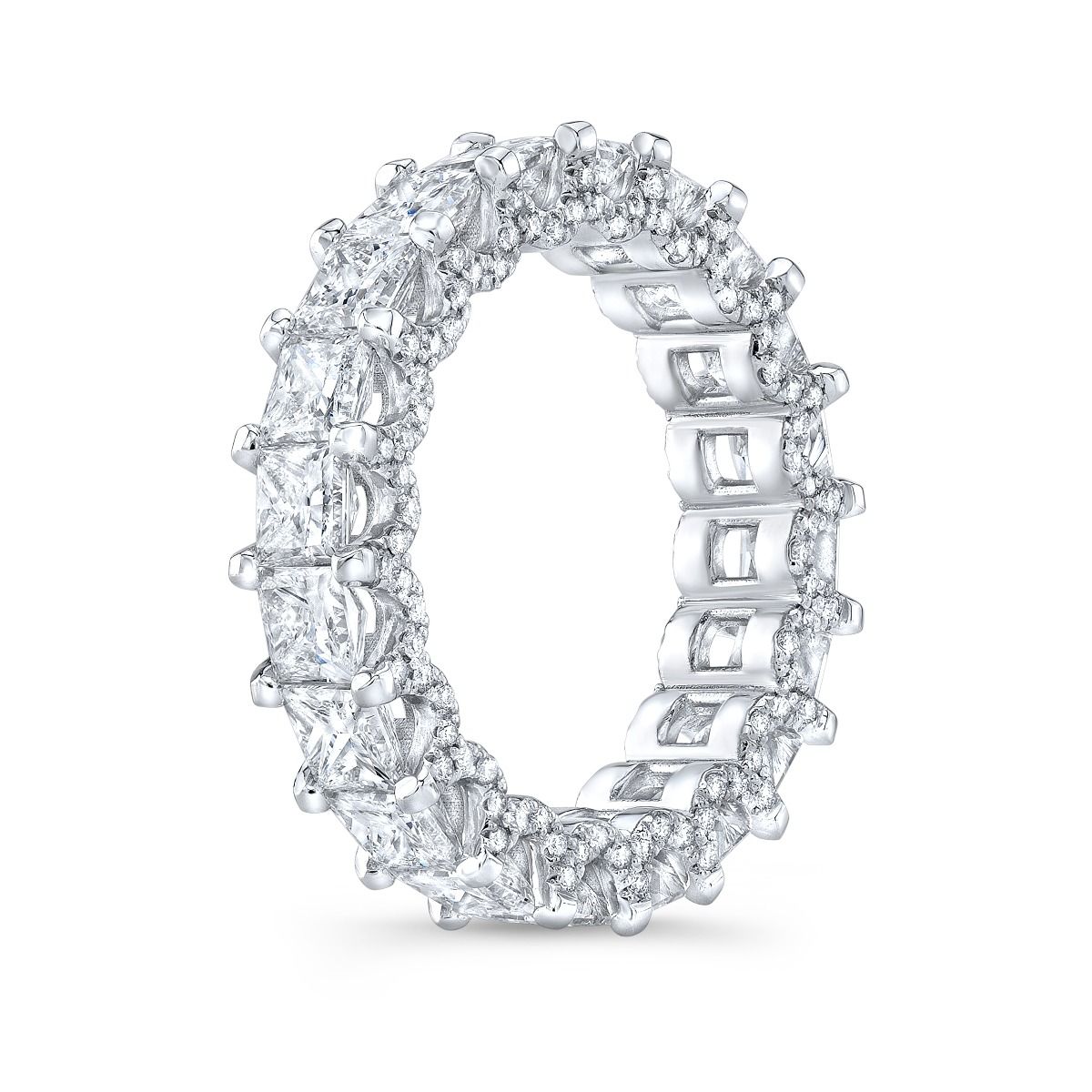 6.5 Carat Princess U Prong Micro Pave Eternity Band viewed  from a side profile.