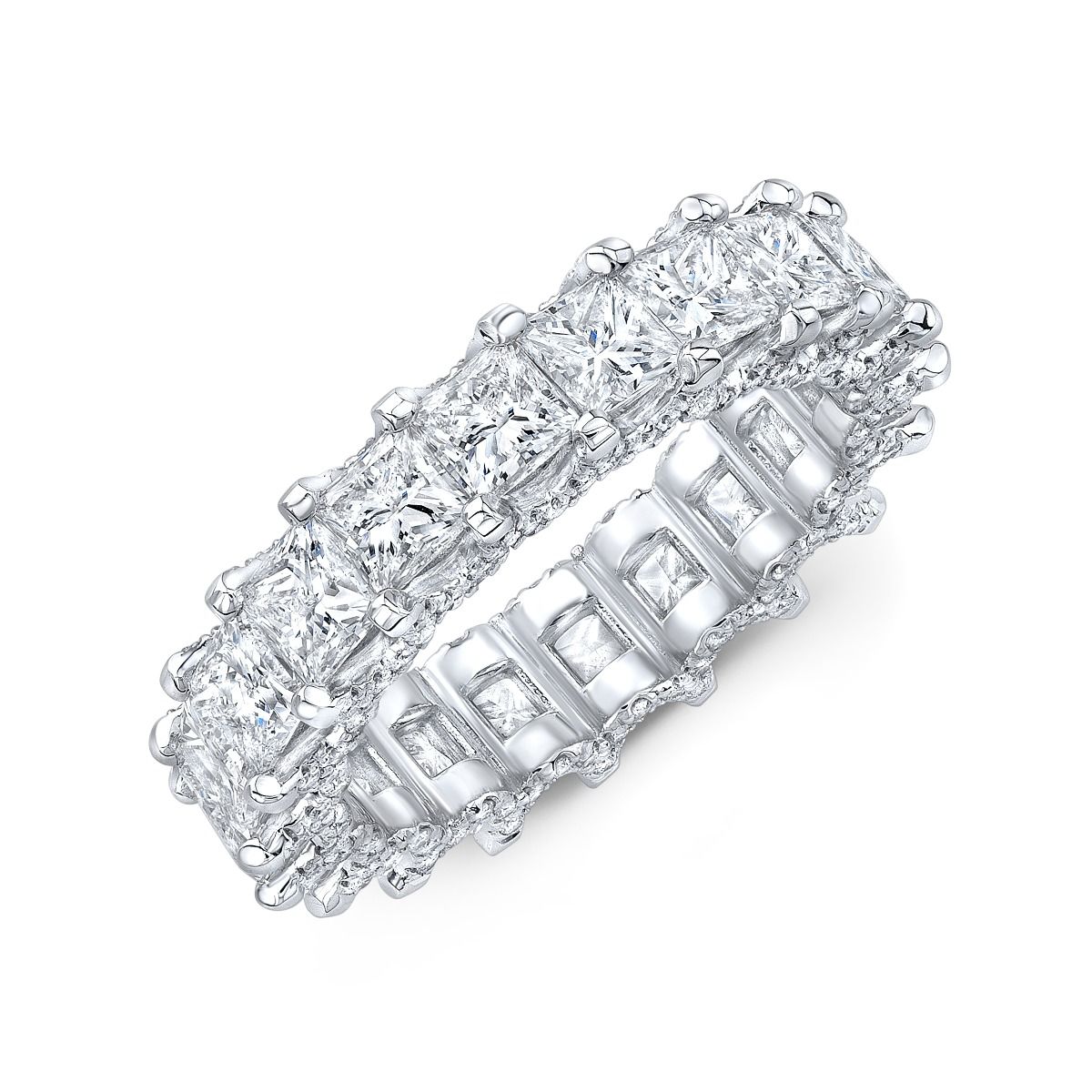 Elegant and gleaming Princess cut diamonds that goes all the way around is beautifully set on this U-prong design with Micro Pave Diamonds on each side.