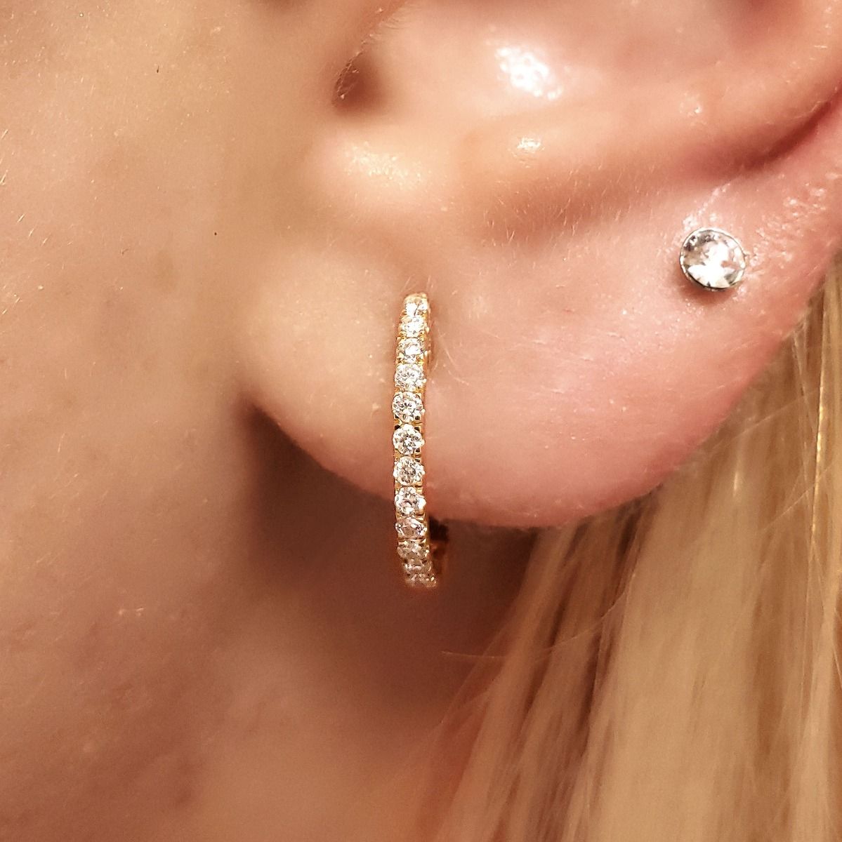 Diamond Huggie Hoop Earrings on Ear