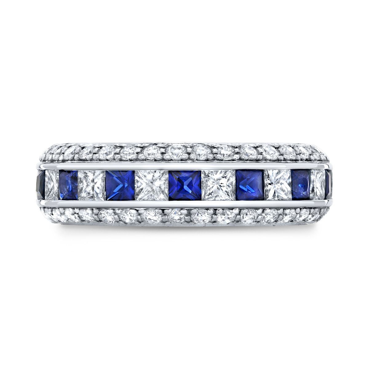 Blue Sapphires and Princess Cut Diamond Eternity Band in White Gold.