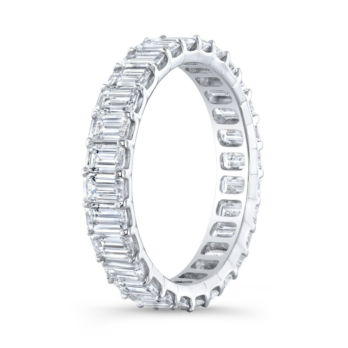 A total of 3 Carats Natural Emerald Eternity Band that is set on this low profile, shared prong design.