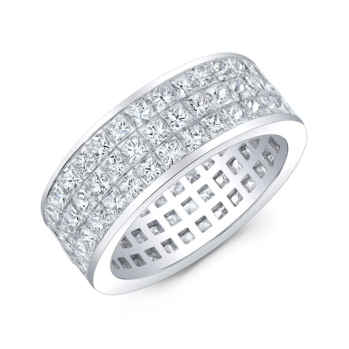 This 6 Carat Invisible Set Eternity Men's Band is a MUST HAVE. Elegant and gleaming with 3 Rows of Pave Set of Diamonds that goes along all the around the band making it for a splendid finish.