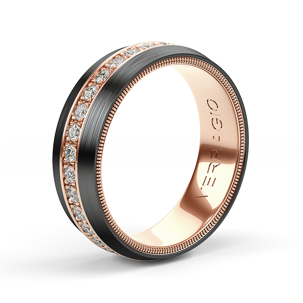 7mm band channel setting with two stripes along the shank completed by Verragio’s rose gold Signature Beading.
