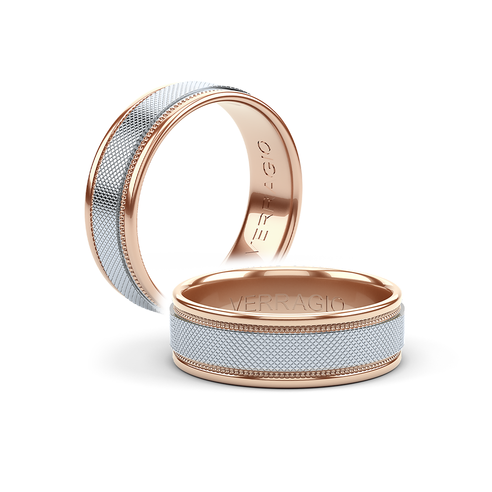 7mm quilted band with high-polished edges & Verragio rose gold beading along the heart of the ring.