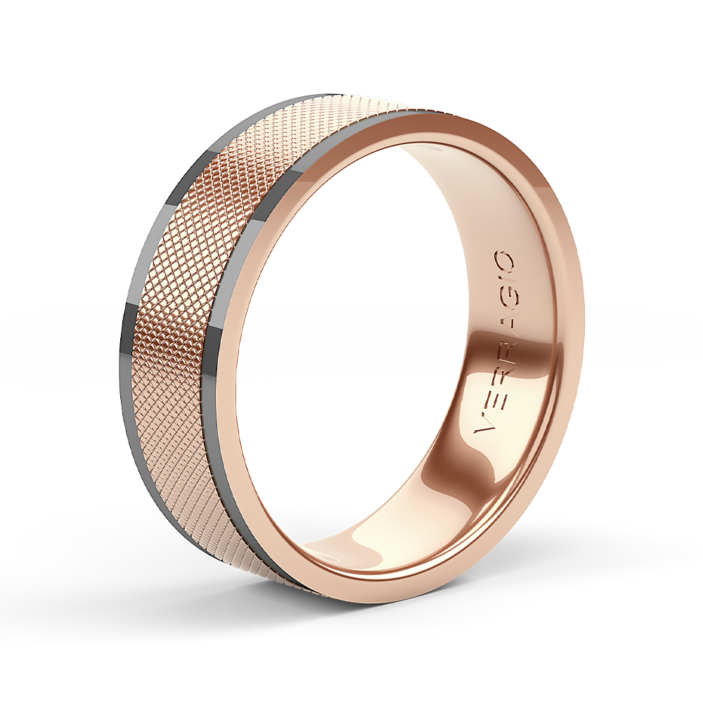 7mm quilted band with two black stripes running along the edge of the ring in rose gold.