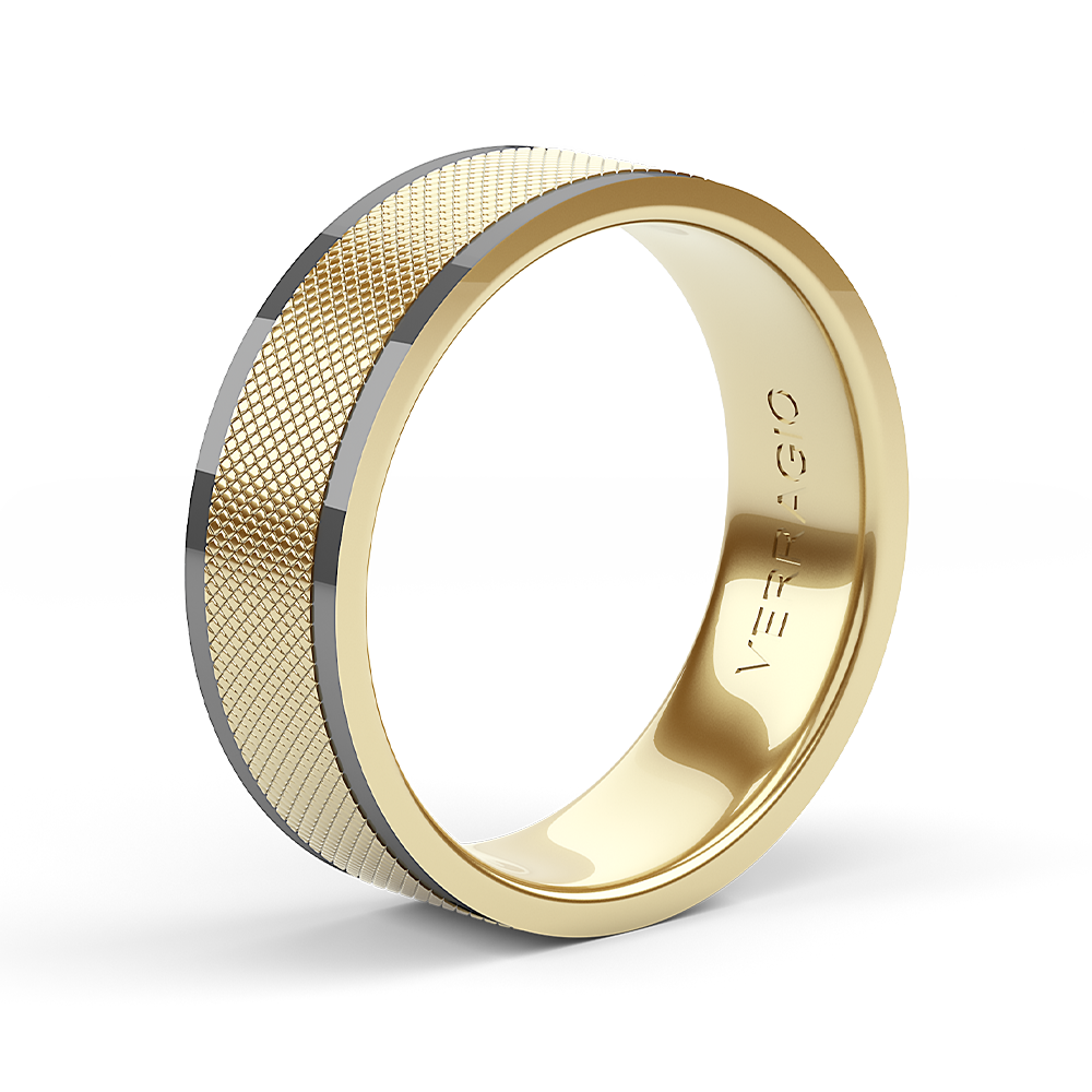 7mm quilted band with two black stripes running along the edge of the ring in yellow gold.