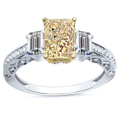 3.80 Ct.w Emerald Cut Diamond Engagement Ring Canary Yellow Wedding Ring Solid 14K White Gold Ring Heart Accents 3-Stone Promise Ring