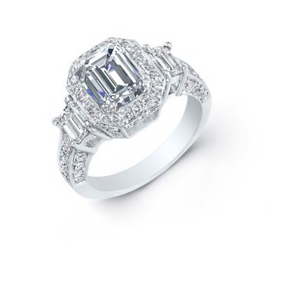 Natural Emerald 3-Stone Art Deco Diamond Engagement Ring 