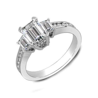 3-Stone 4-Prong Pave w/ Emerald Sidestones Diamond Ring