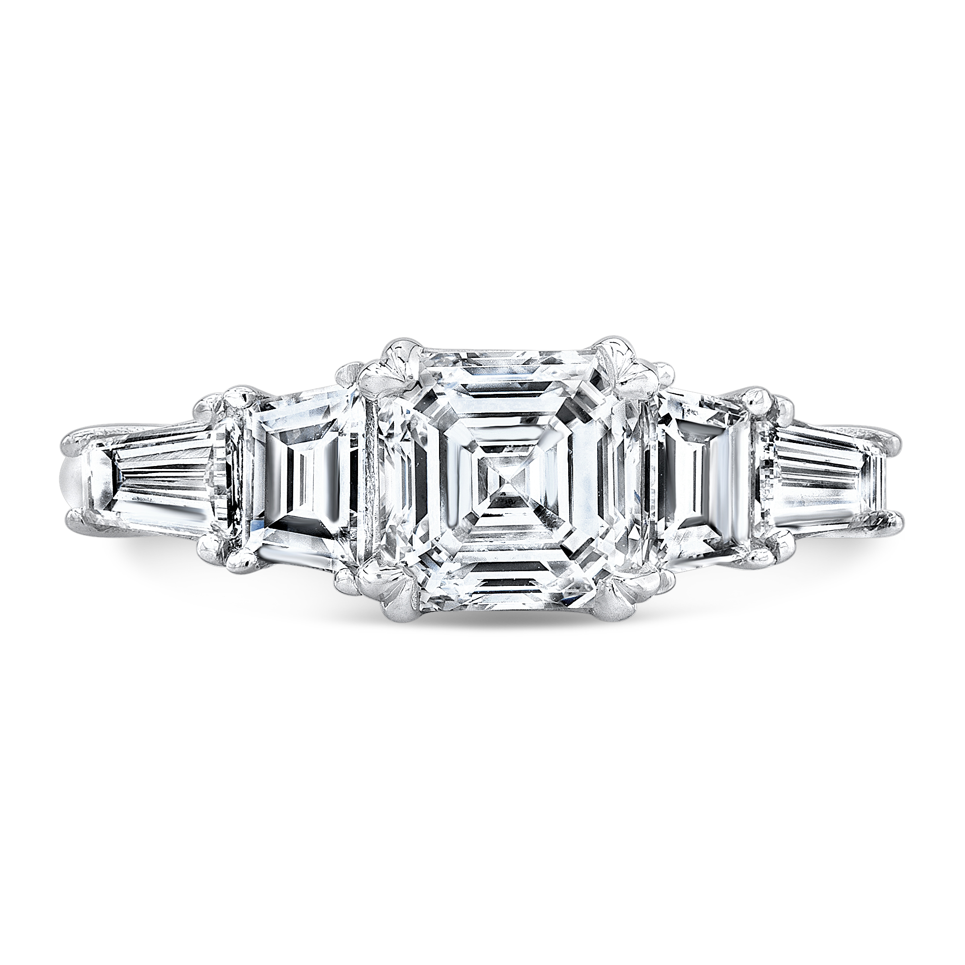 ASSCHER CUT DIAMOND RING WITH TAPER BAGUETTE SIDE STONES IN PLATINUM