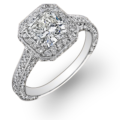 2.25 Ct. Cushion Cut Natural Diamond Three Sided Pavé Halo Diamond Engagement Ri HAL-5035