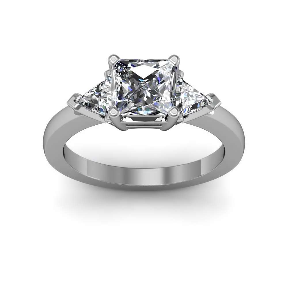 Diamond Engagement Three Stone Trillion Princess Setting Ring 14k W Gold  0.55Ct