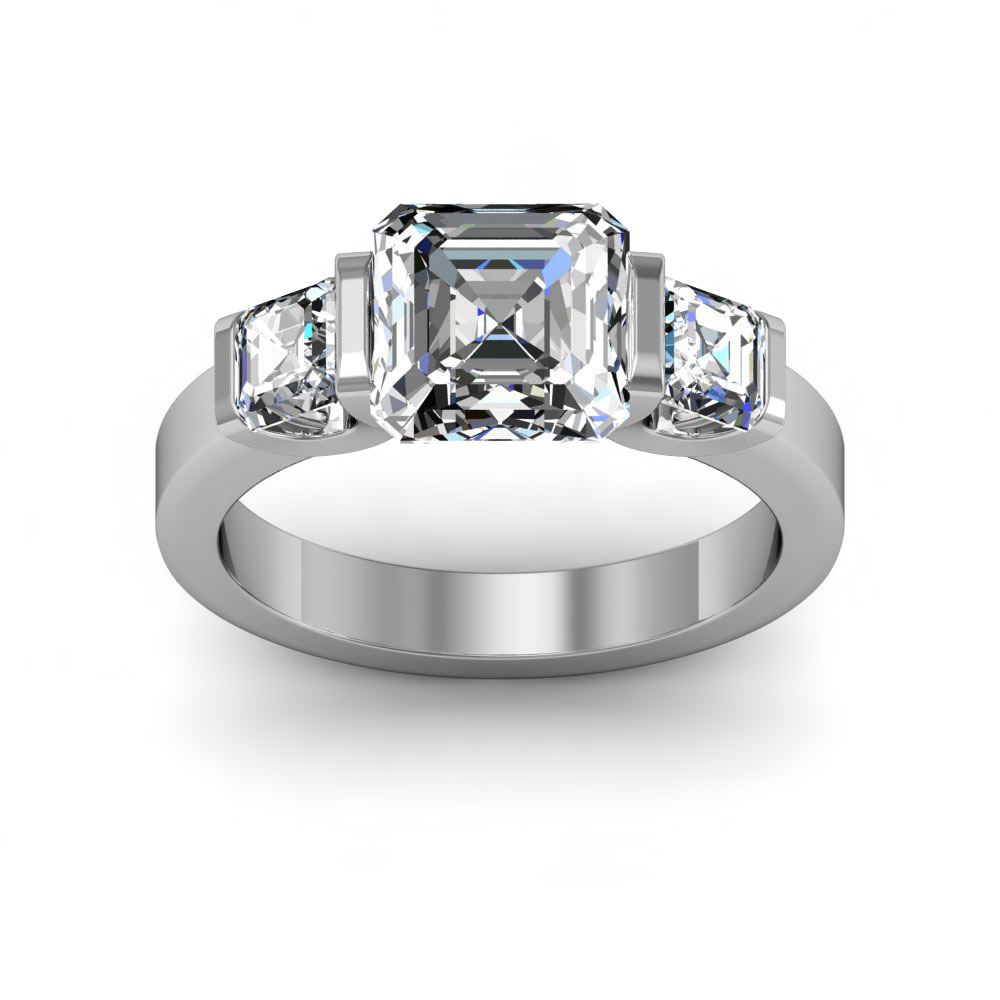 1.5 Ct. Asscher Cut Natural Diamond Bar Setting w Asscher Cut Sidestones 3 Stone Band GIA Certified Diamond Mansion