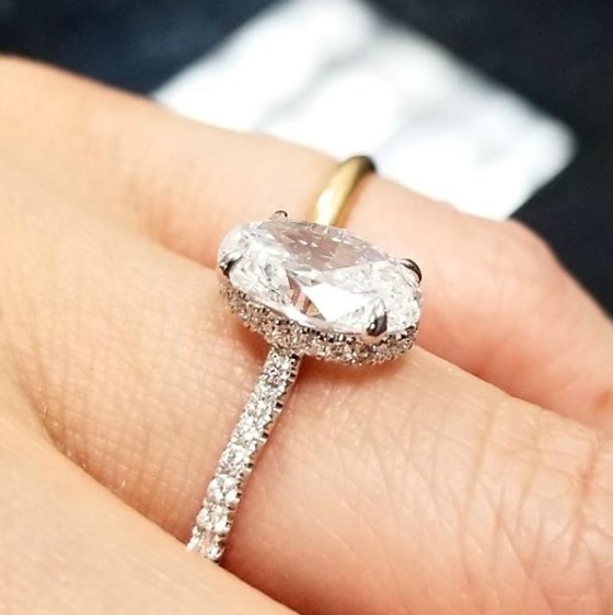 Oval Diamond Hidden Halo Engagement Ring On Hand