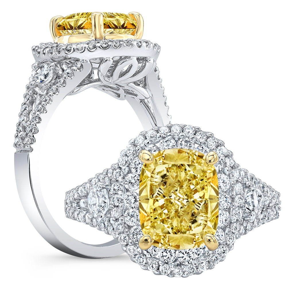 Double Halo Pave Split Shank Diamond Engagement Ring