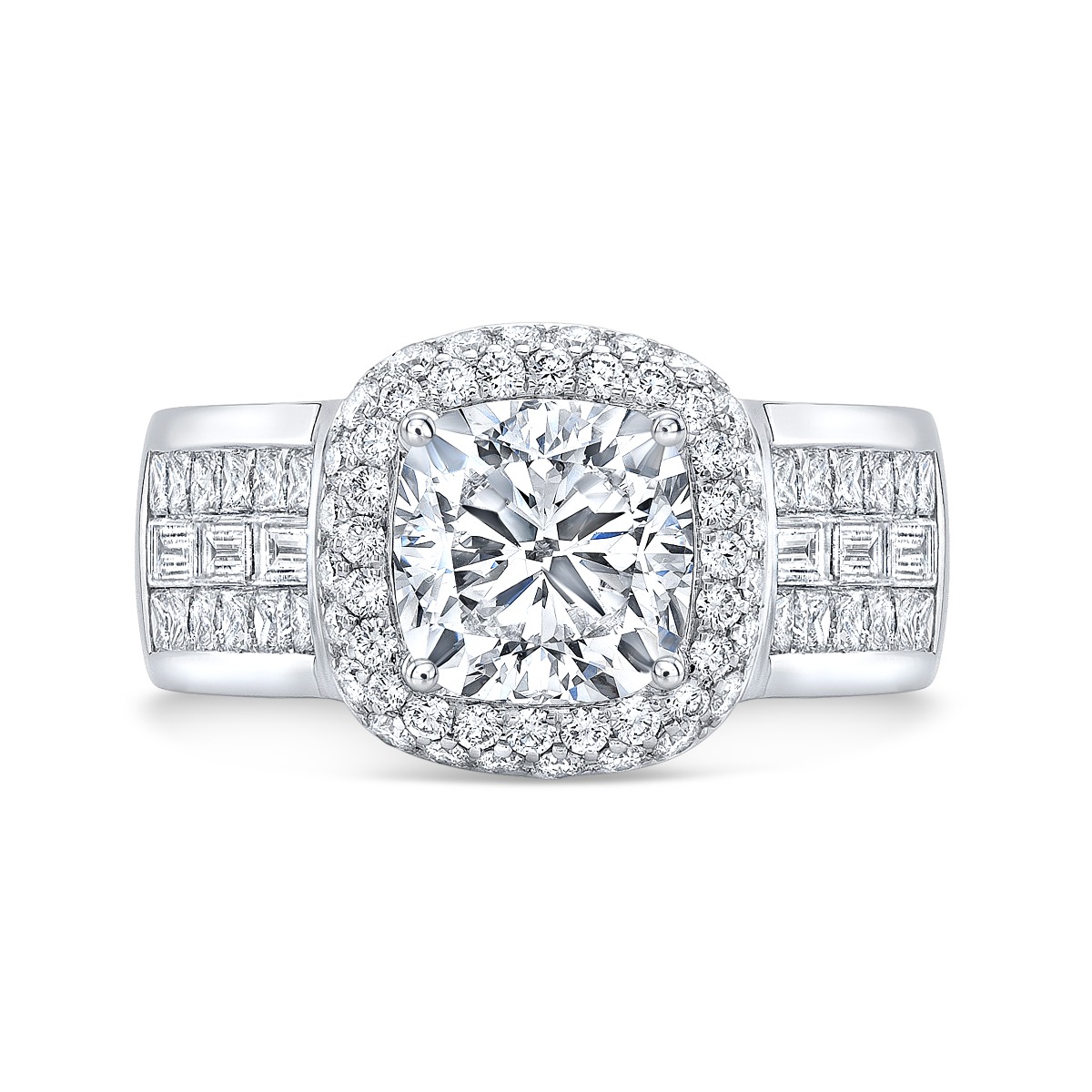 Halo Pave Princess & Baguette Invisible Set Diamond Engagement Ring