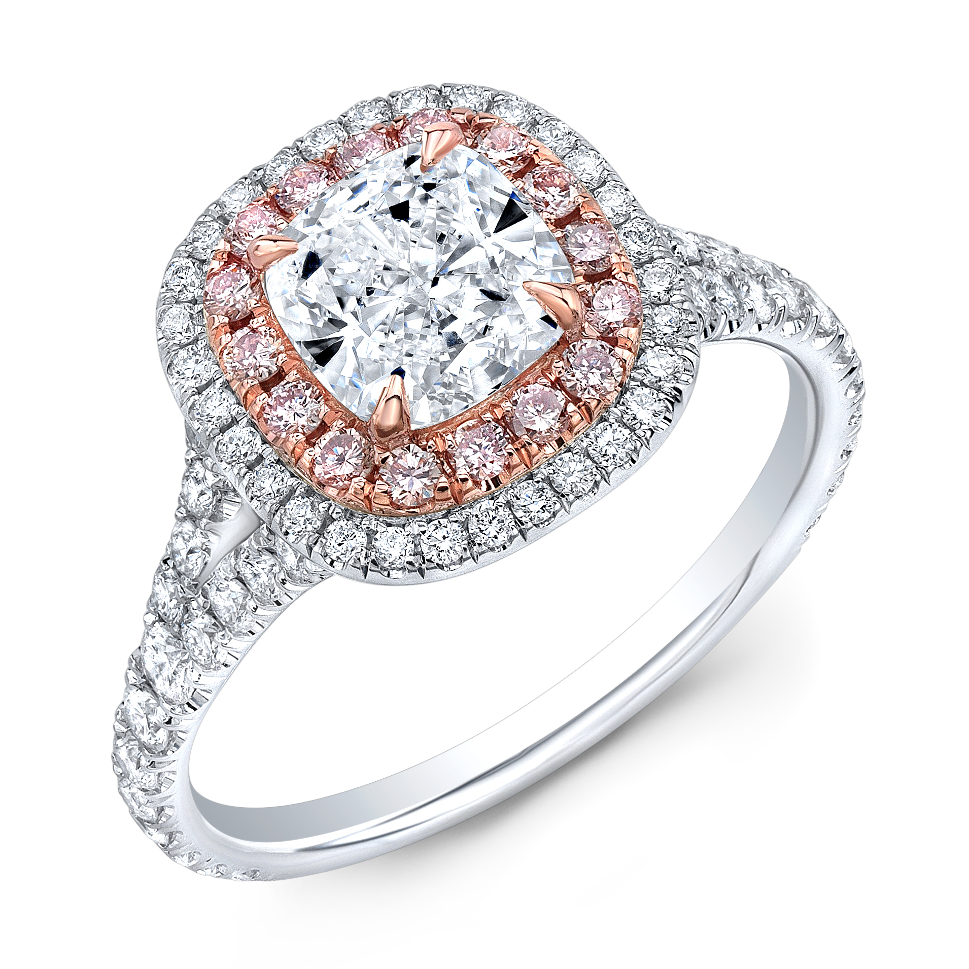 Double Halo Split Shank w/ Intense Pink Diamonds Engagement Ring in white gold 