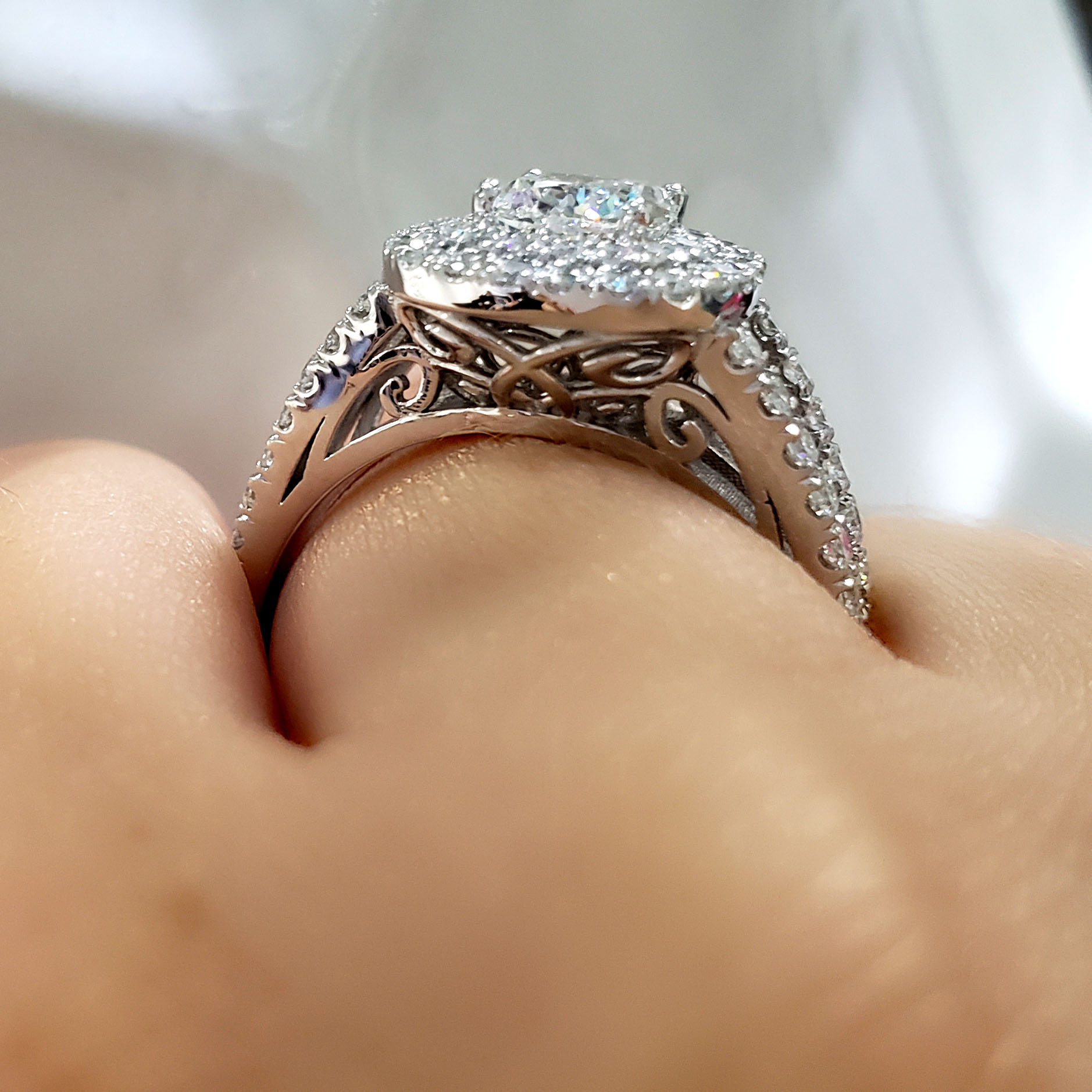 Double Halo Pave Split Shank Engagement Ring