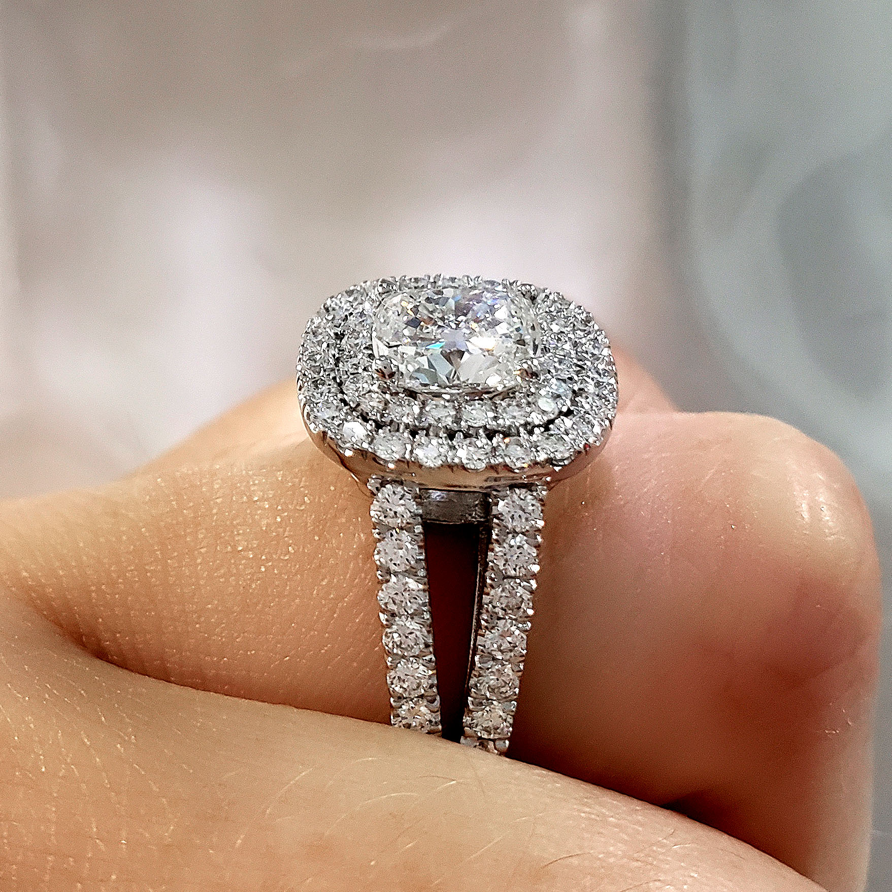 1.9 Ct. Cushion Cut Natural Diamond Double Halo Pave Split Shank Engagement Ring GIA Certified Diamond Mansion