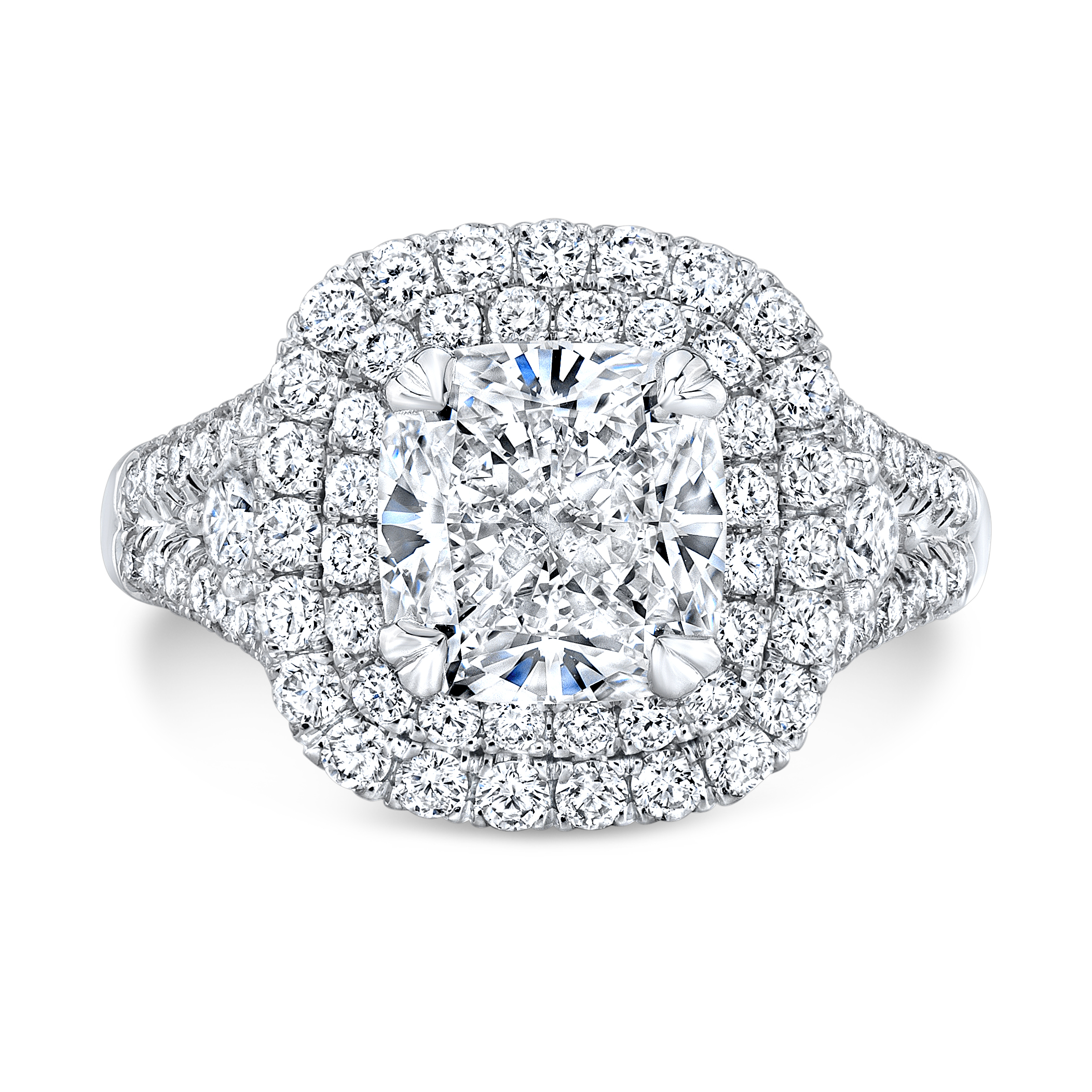 Double Halo Split Shank Micro Pave Diamond Engagement Ring in white gold 