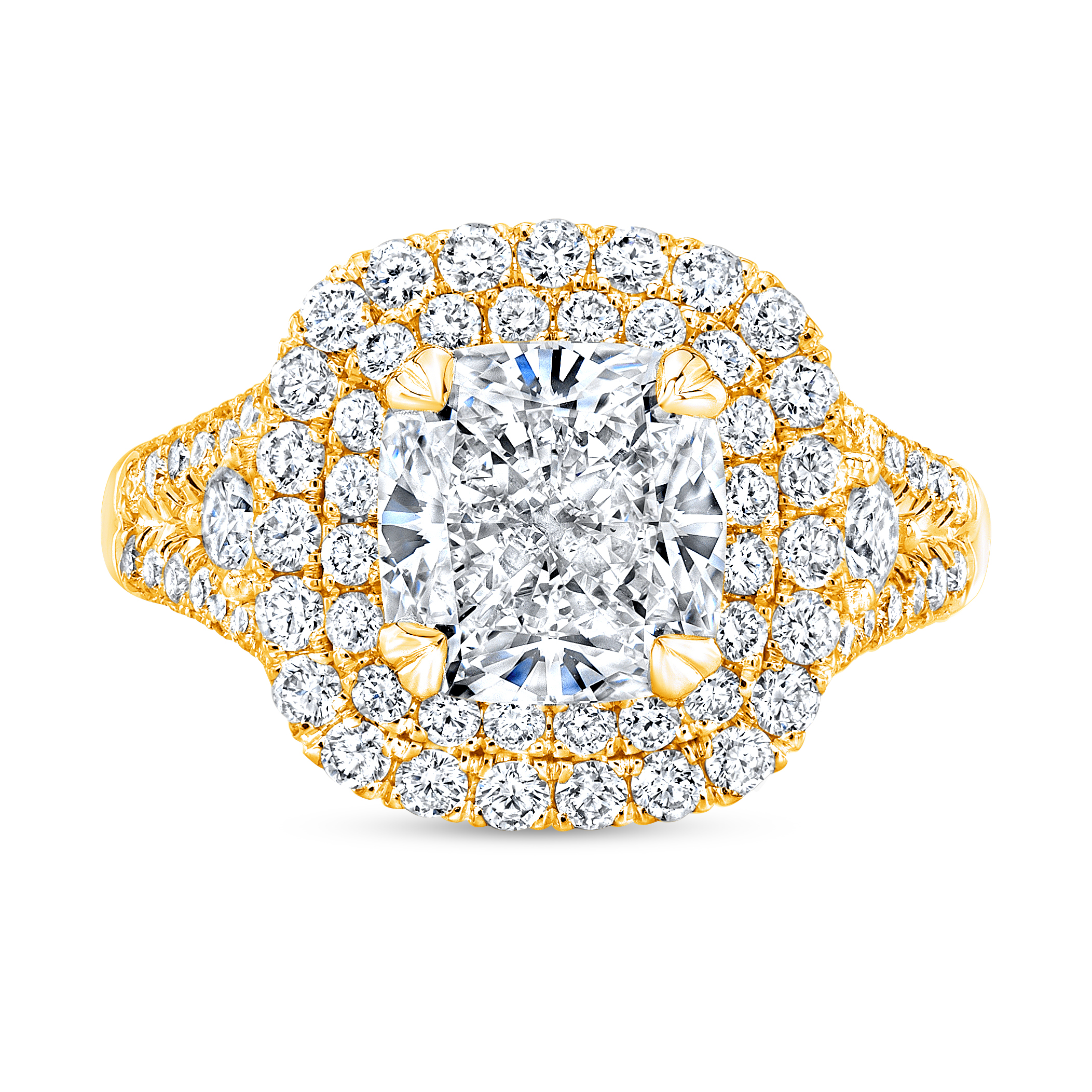 Double Halo Split Shank Micro Pave Diamond Engagement Ring in yellow gold 