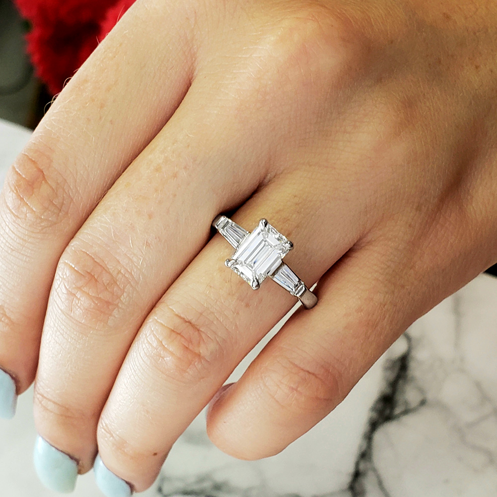 Three Stone Baguettes Diamond Engagement Ring emerald cut center diamond 