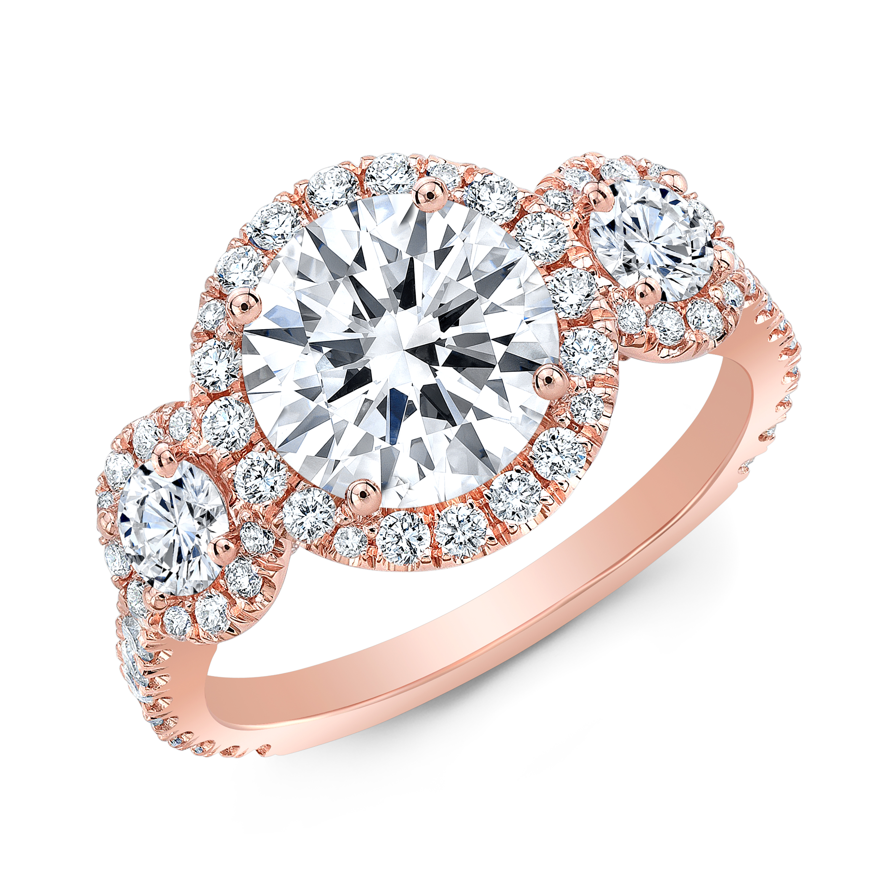 3 Stone Halo Pave Diamond Engagement Ring in rose gold 