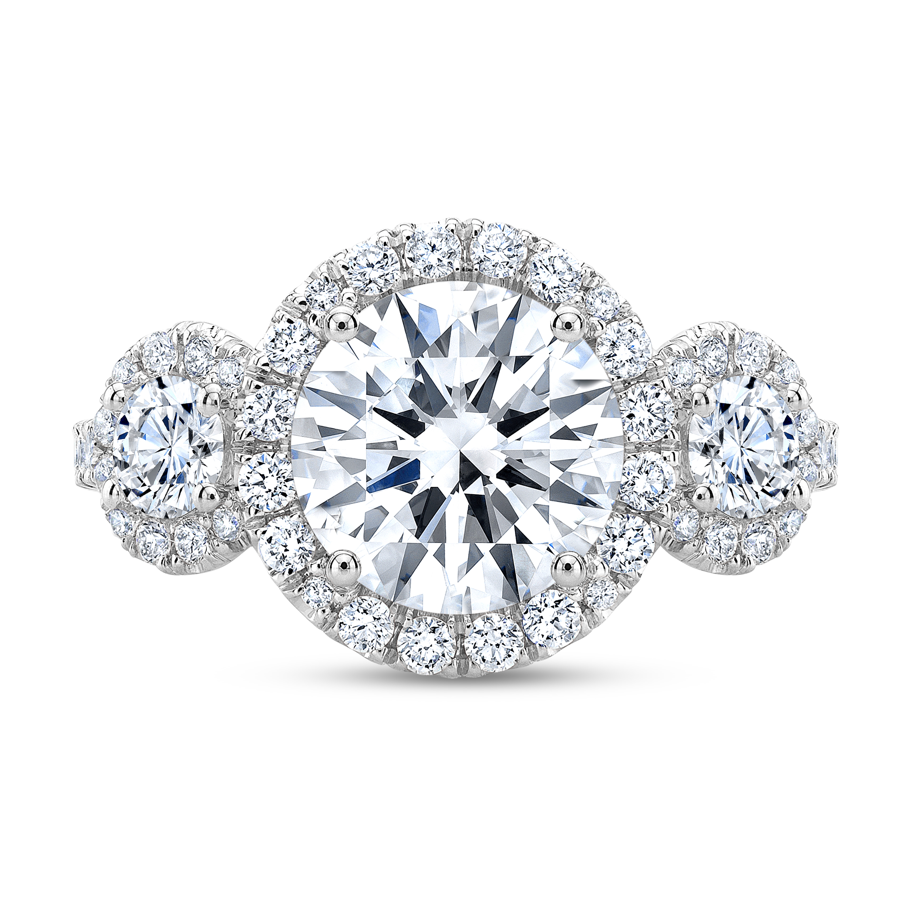 3 Stone Halo Pave Diamond Engagement Ring
