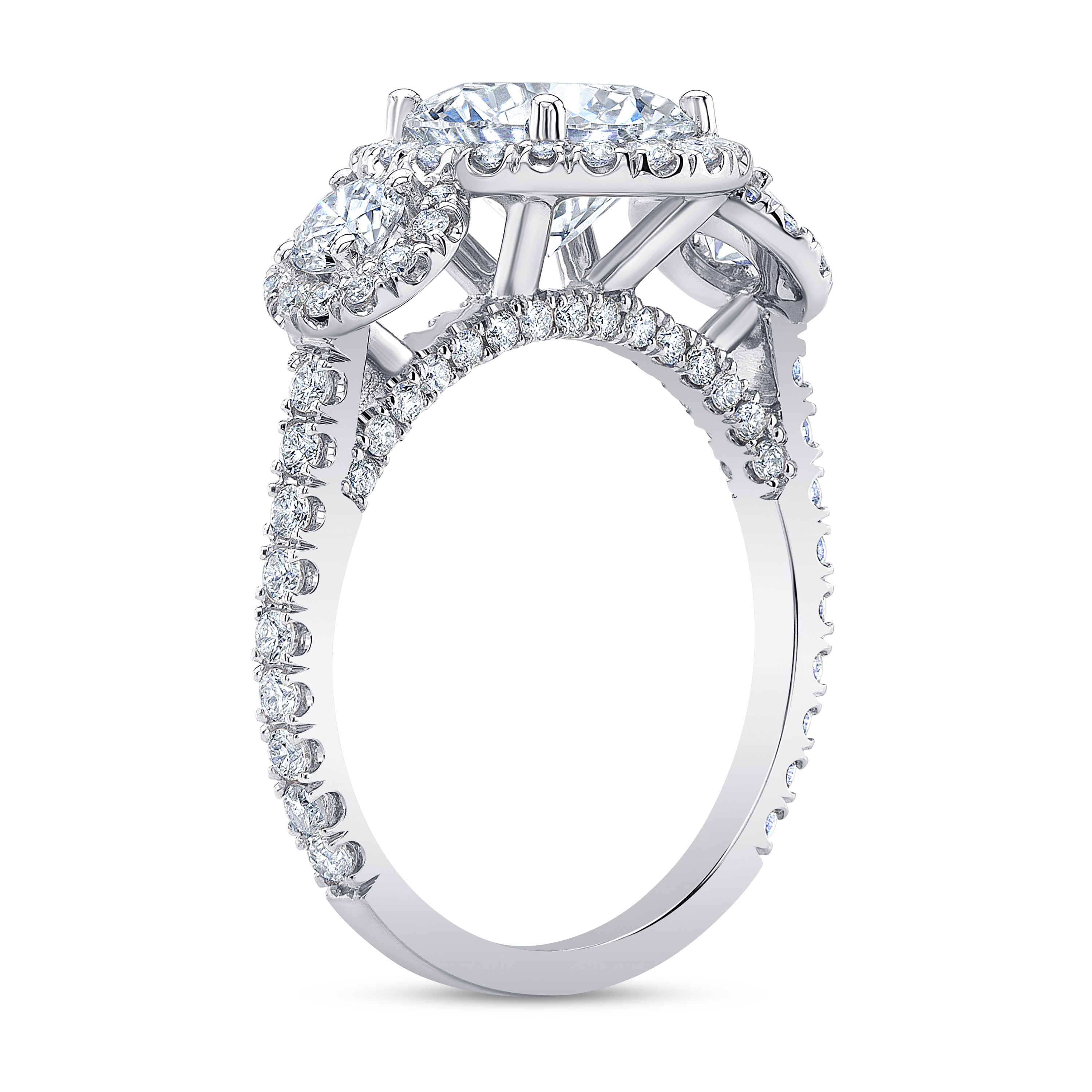 3 Stone Halo Pave Diamond Engagement Ring in platinum 